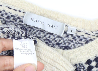 Nigel Hall Men's Blue Geometric Lambswool Jumper L Crew Neck Winter