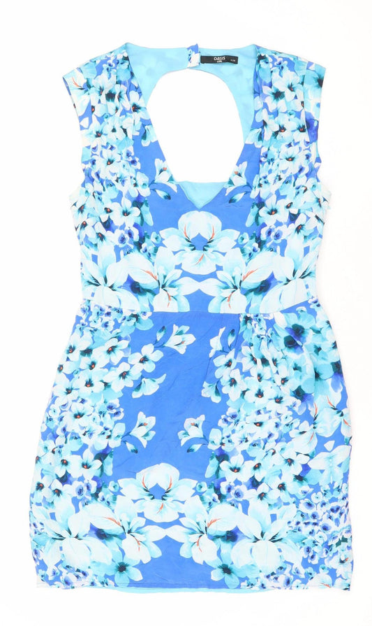 Oasis Women’s Blue Floral Silk Fit & Flare Dress Size 10 Sleeveless Scoop