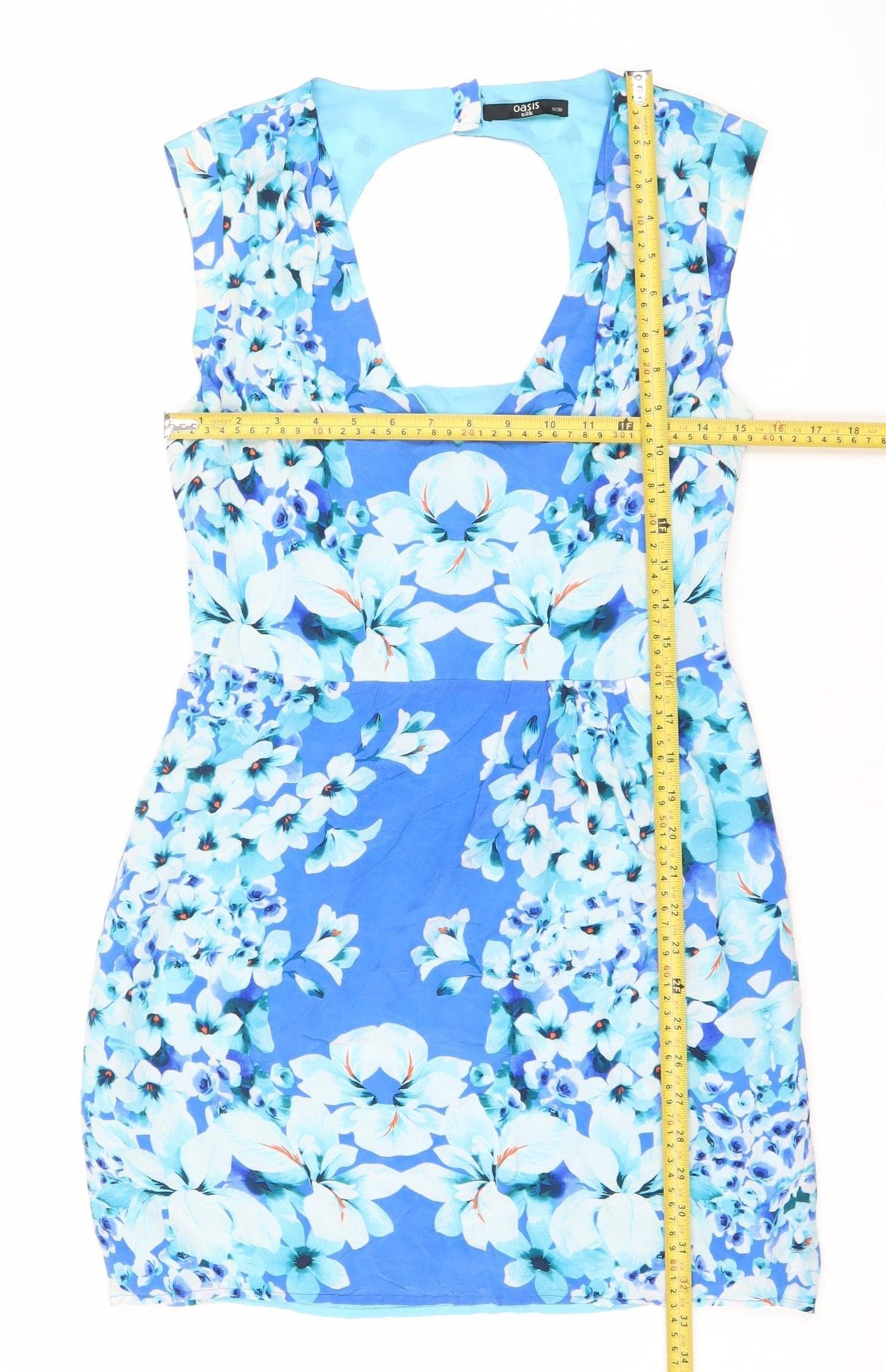 Oasis Women’s Blue Floral Silk Fit & Flare Dress Size 10 Sleeveless Scoop