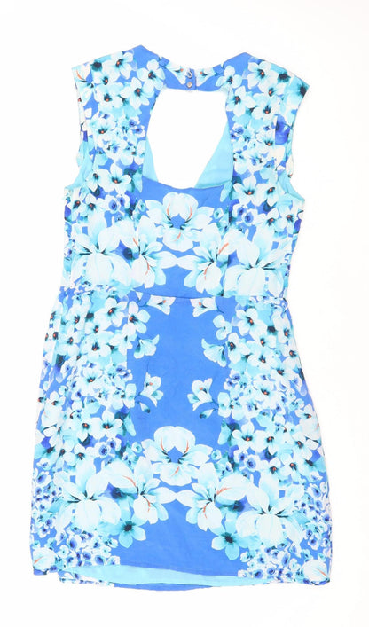 Oasis Women’s Blue Floral Silk Fit & Flare Dress Size 10 Sleeveless Scoop