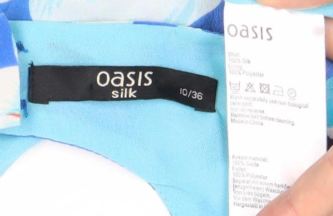 Oasis Women’s Blue Floral Silk Fit & Flare Dress Size 10 Sleeveless Scoop