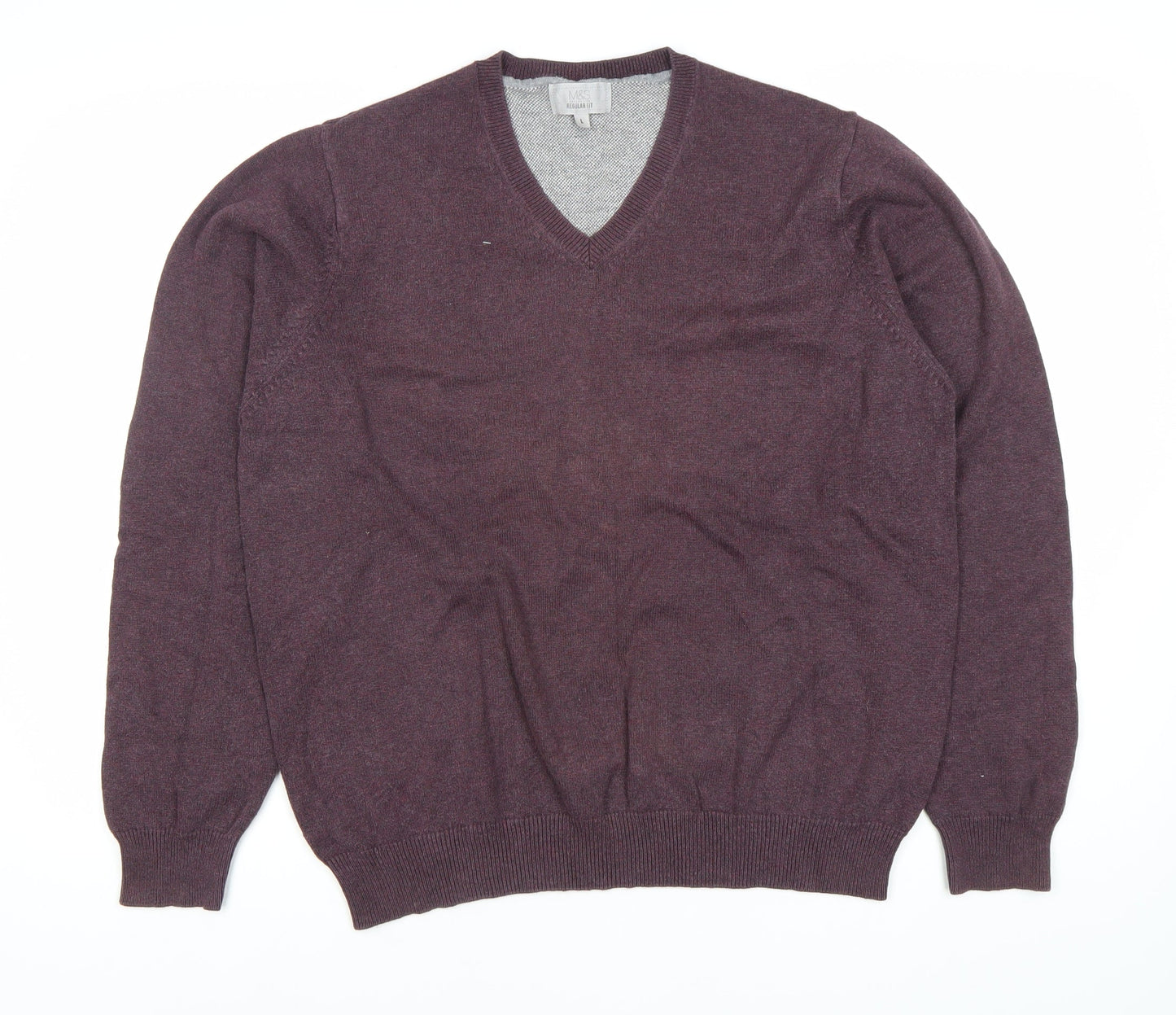 Marks and Spencer Men's Purple Cotton V-Neck Jumper L Regular Fit