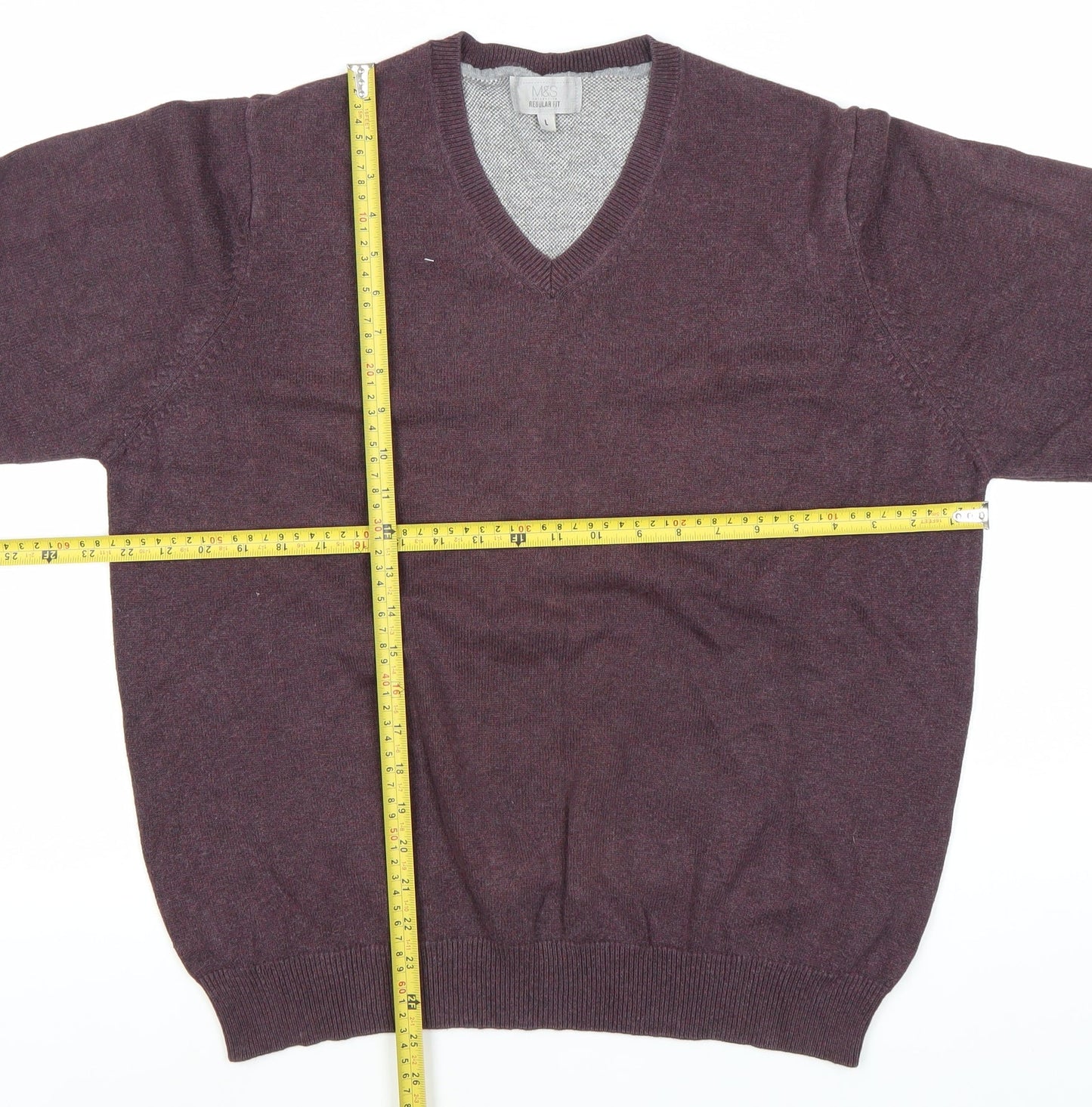 Marks and Spencer Men's Purple Cotton V-Neck Jumper L Regular Fit