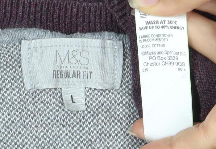 Marks and Spencer Men's Purple Cotton V-Neck Jumper L Regular Fit