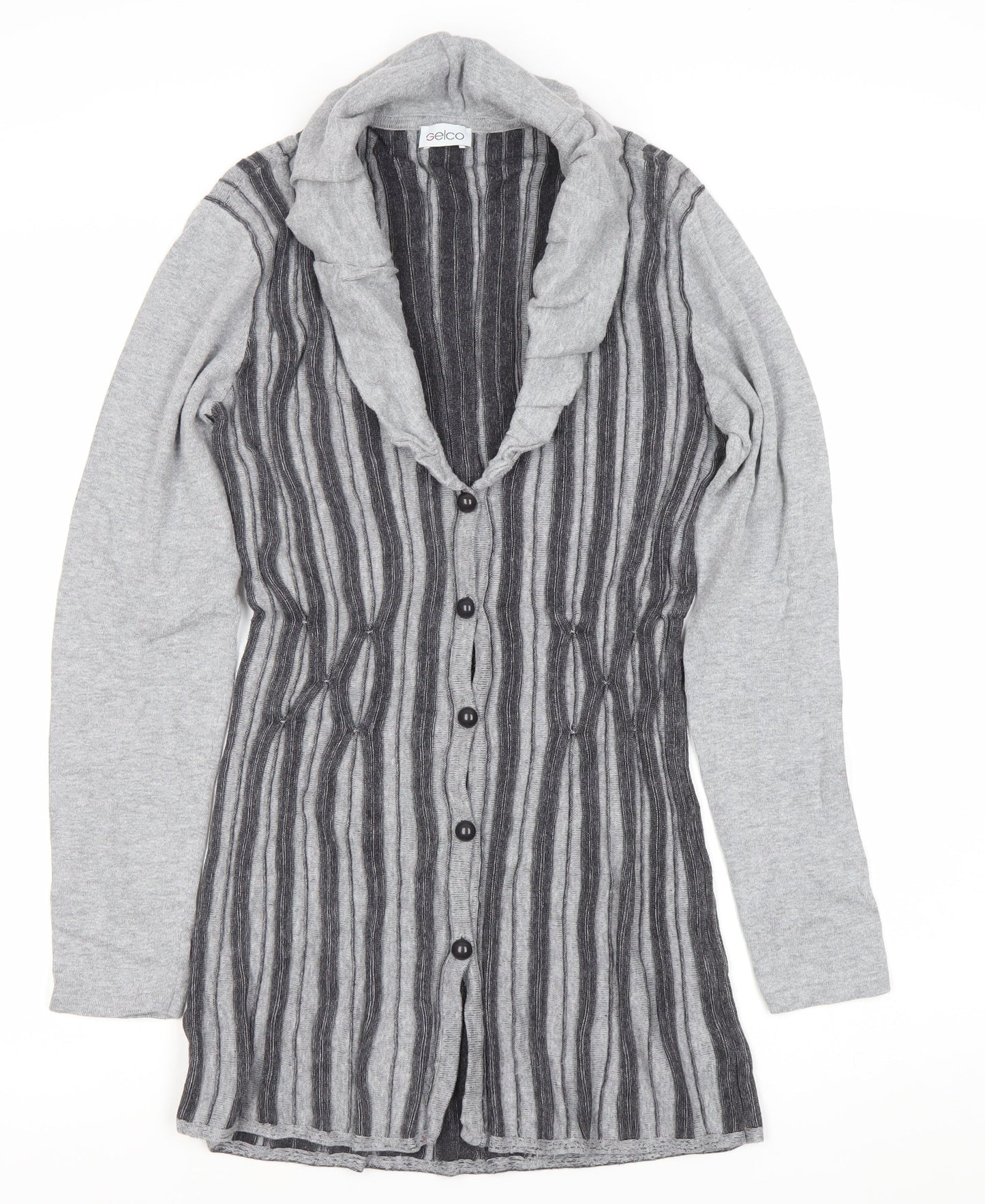 Geico Womens Grey Striped Longline Cardigan Size 12 Shawl Collar