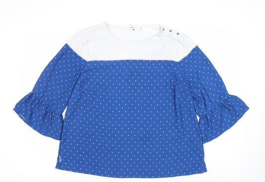 John Lewis Women’s Blue Polka Dot Blouse Size 16 Boat Neck 3/4 Flared Sleeve