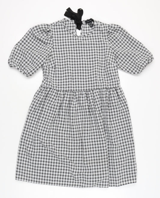 New Look Women's Black Check A-Line Puff Sleeve Dress Size 8