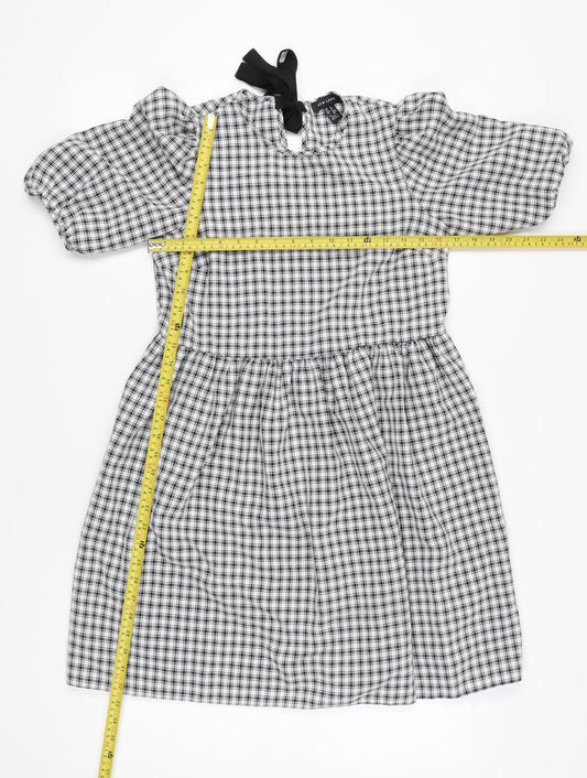 New Look Women's Black Check A-Line Puff Sleeve Dress Size 8