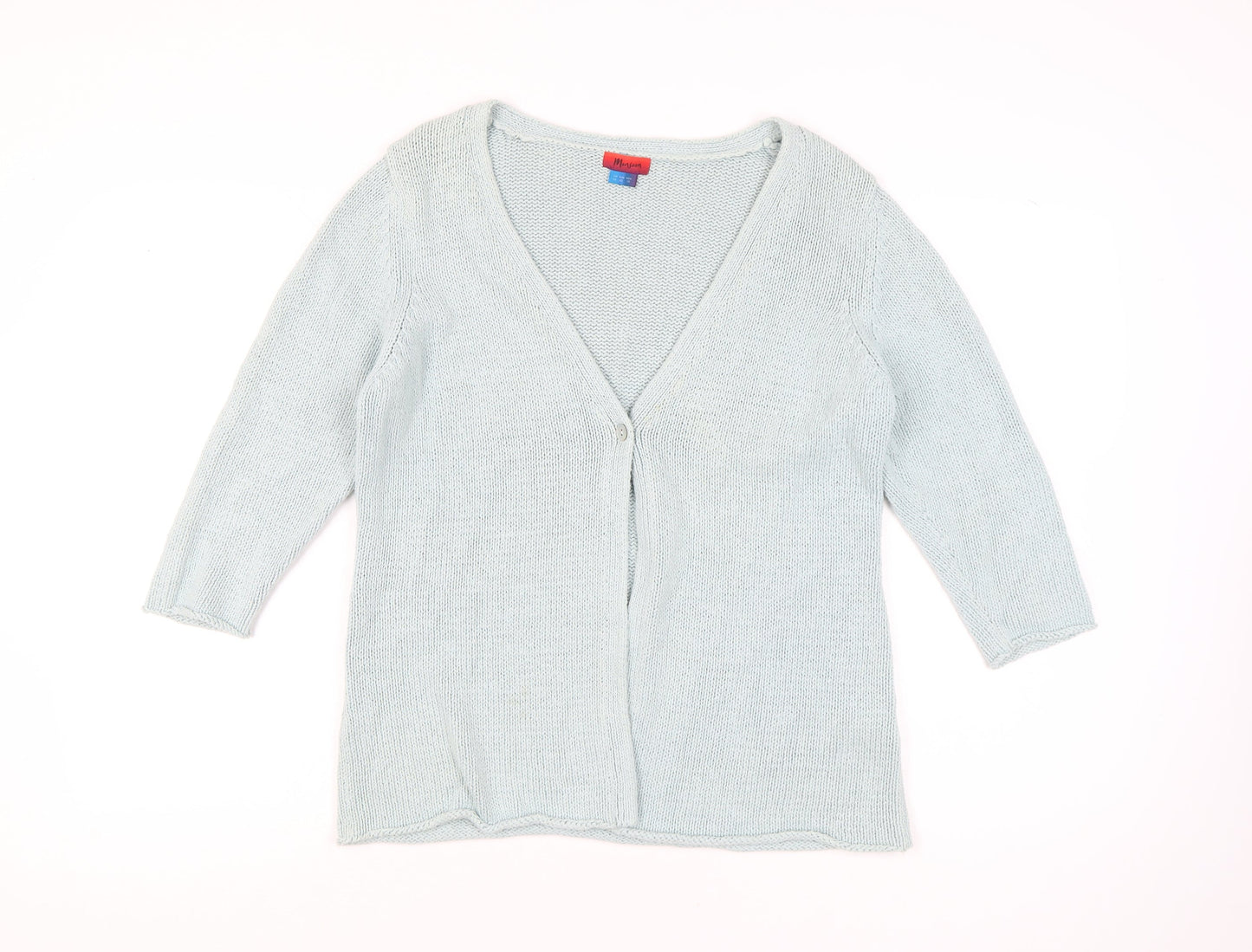 Monsoon Women Blue Size 14 V-Neck 3/4 Sleeve Cotton Cardigan