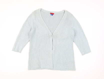 Monsoon Women Blue Size 14 V-Neck 3/4 Sleeve Cotton Cardigan