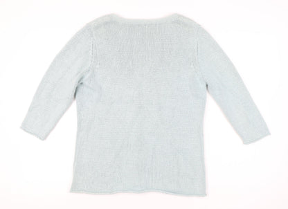 Monsoon Women Blue Size 14 V-Neck 3/4 Sleeve Cotton Cardigan