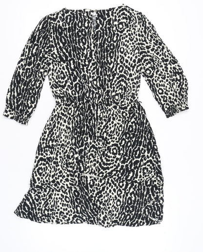 Oasis Women's Black Animal Print A-Line Short Dress UK 10