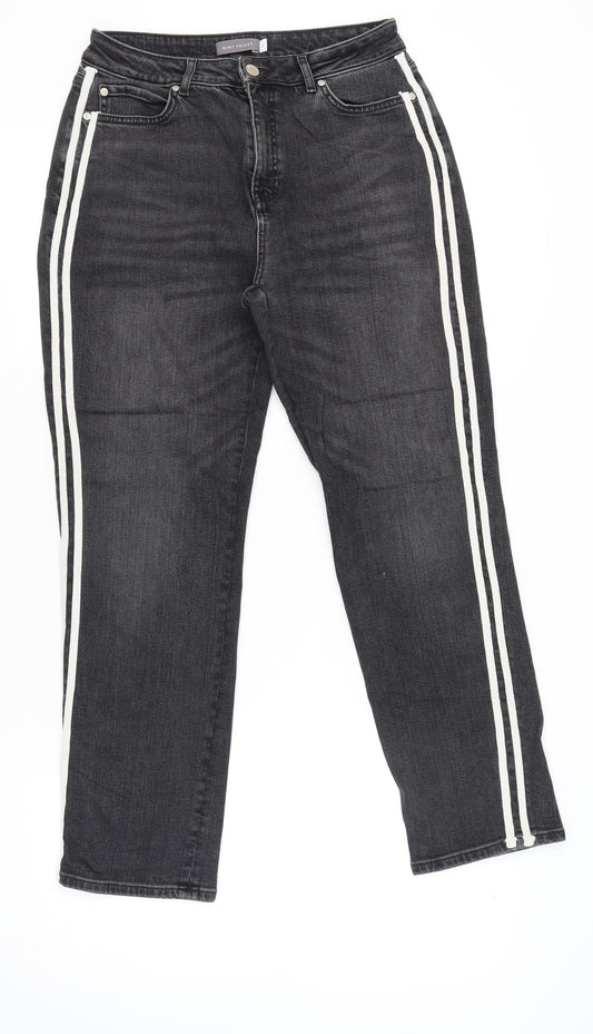 Mint Velvet Women’s Black High Rise Straight Jeans Size 14 with Stripe