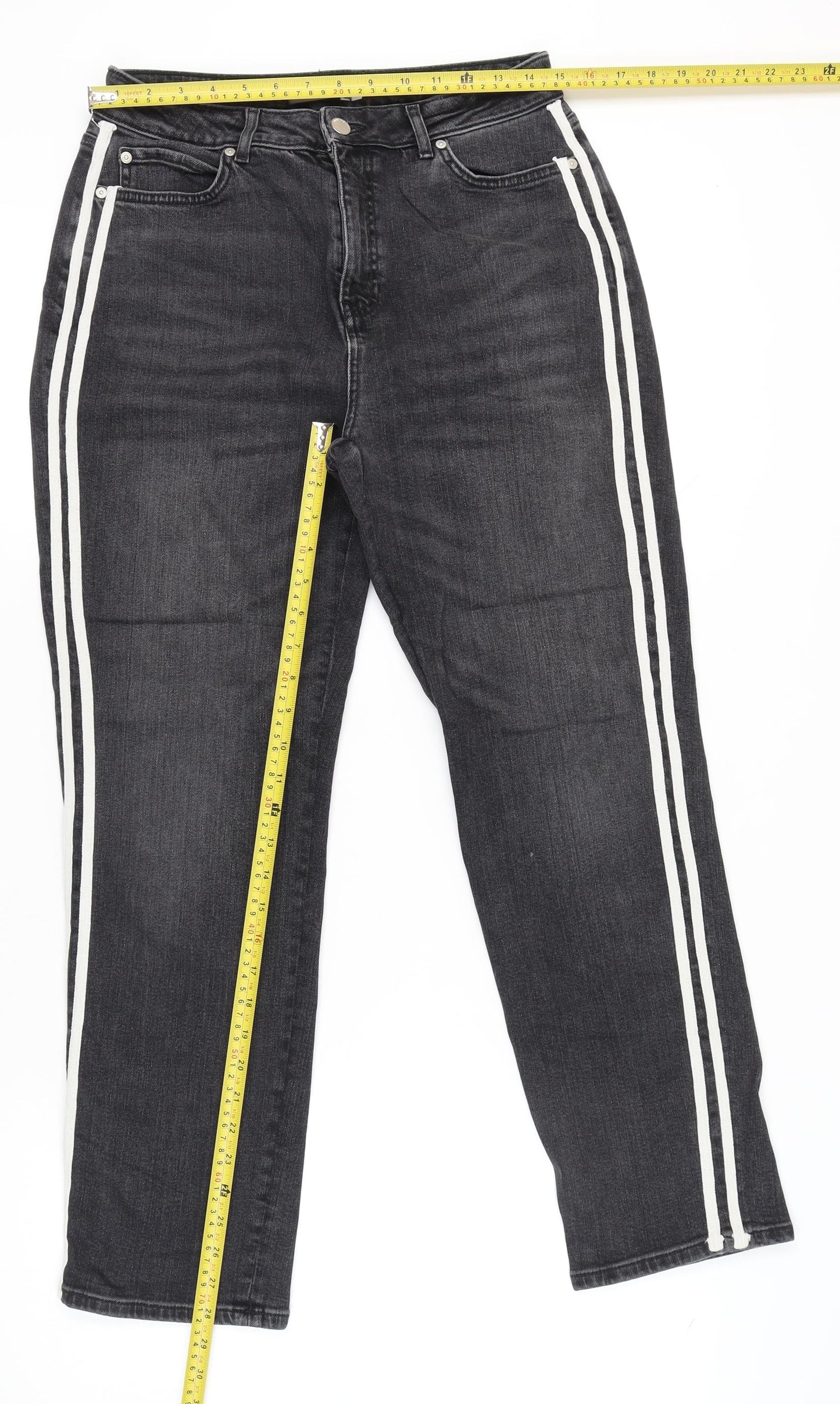 Mint Velvet Women’s Black High Rise Straight Jeans Size 14 with Stripe