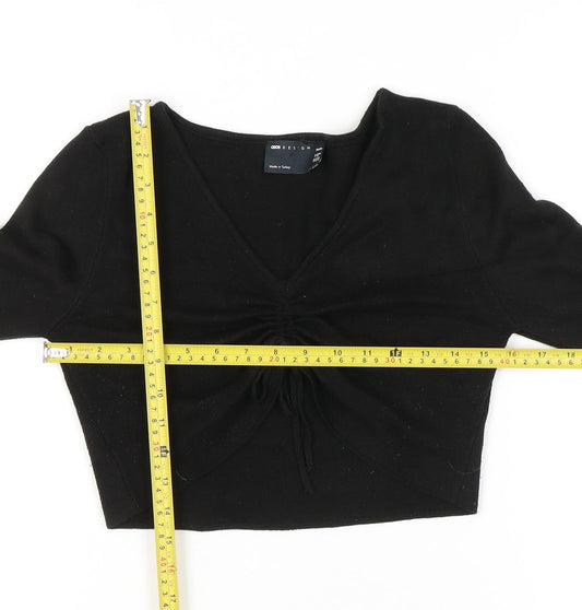 ASOS Design Womens Petite Black Size 12 V-Neck Ruched Jumper