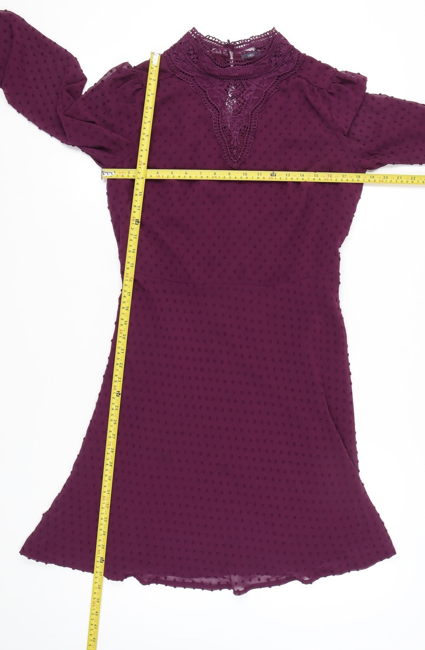 Marks and Spencer Women Purple Size 14 A-Line Lace Chiffon Dress