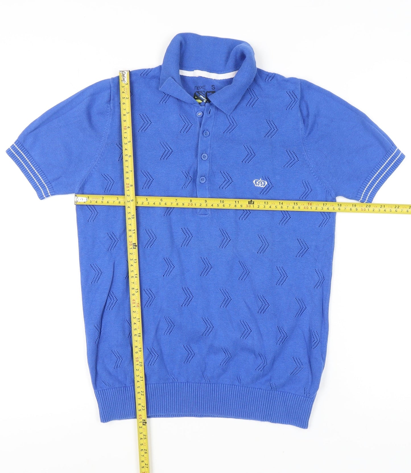 Next Men's Blue Geometric Knit Cotton Polo Shirt Size S