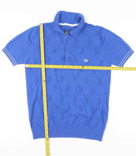 Next Men's Blue Geometric Knit Cotton Polo Shirt Size S