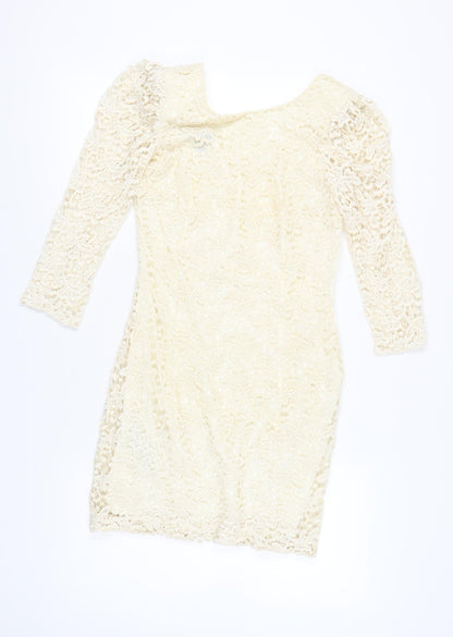 Mango Women’s Ivory Lace Bodycon Dress M Short 3/4 Sleeve Wedding Party