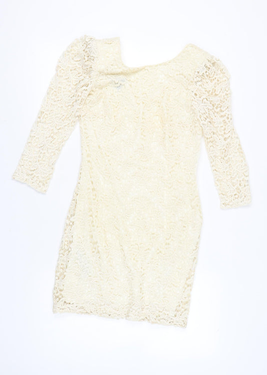 Mango Women’s Ivory Lace Bodycon Dress M Short 3/4 Sleeve Wedding Party