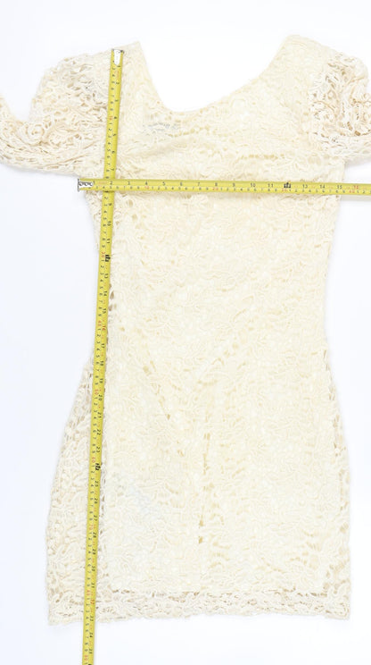 Mango Women’s Ivory Lace Bodycon Dress M Short 3/4 Sleeve Wedding Party