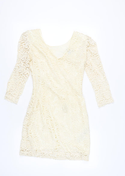 Mango Women’s Ivory Lace Bodycon Dress M Short 3/4 Sleeve Wedding Party
