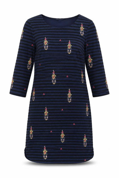 White Stuff Women's Blue Size 8 Shift Dress Striped Embroidered Velvet