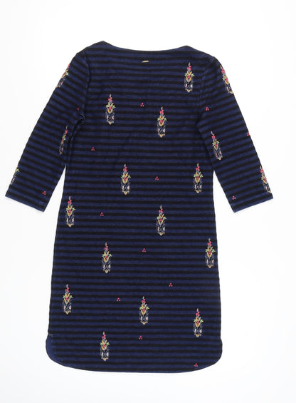 White Stuff Women's Blue Size 8 Shift Dress Striped Embroidered Velvet