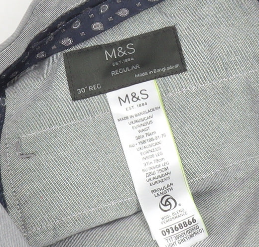 Marks and Spencer Men's Grey 30W 31L Regular Fit Wool Blend Dress Pants