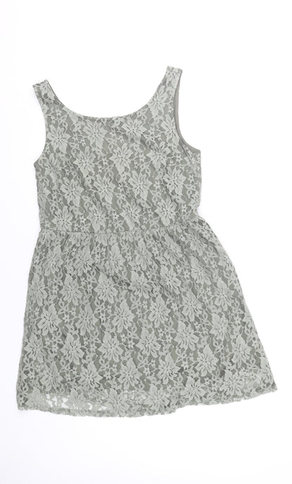 Benetton Women’s Grey Lace Knee Length A-Line Dress M Sleeveless
