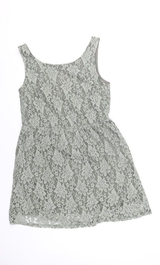 Benetton Women’s Grey Lace Knee Length A-Line Dress M Sleeveless