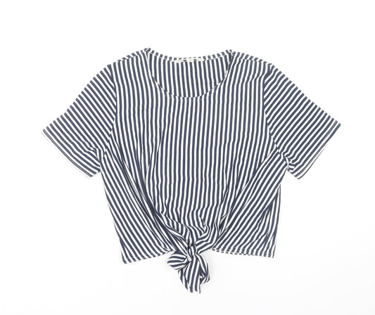 Miss Selfridge Women’s Blue Striped Cropped Tie T-Shirt Size 14