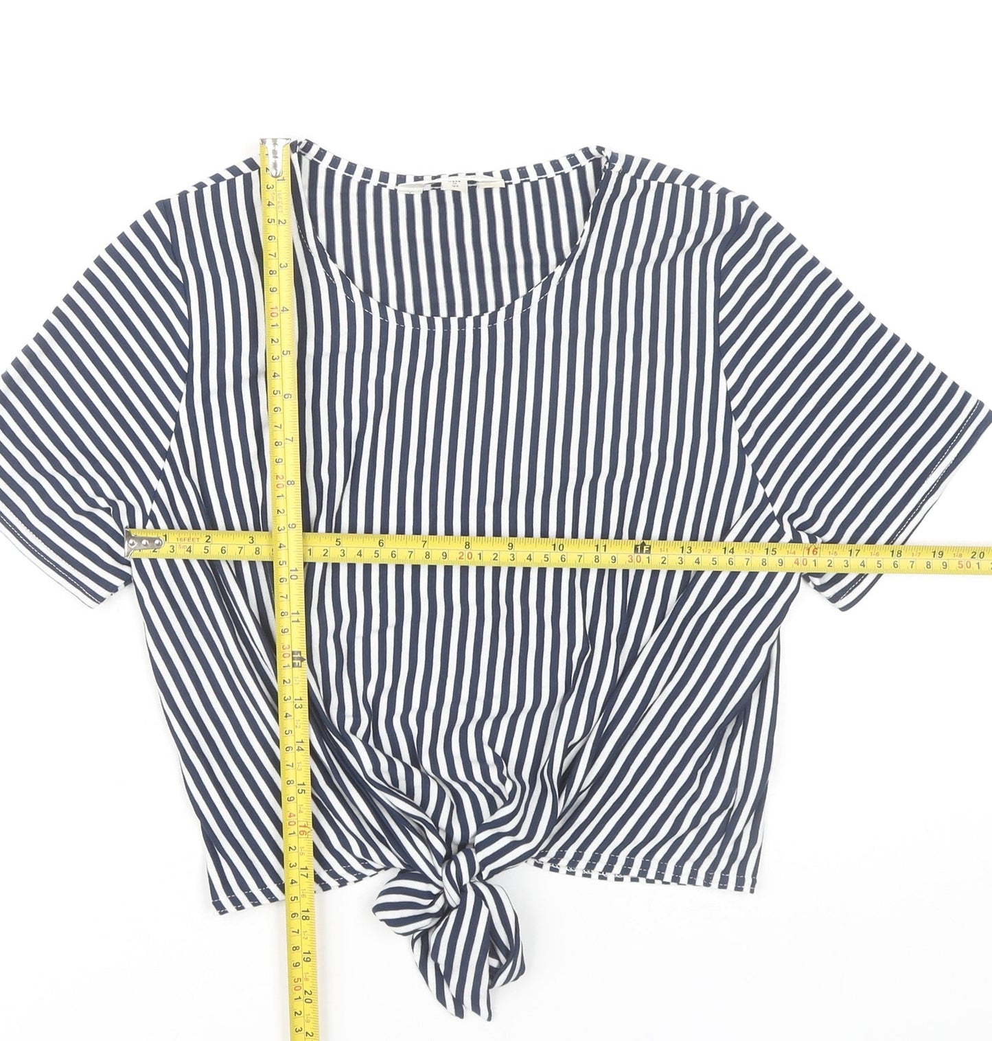 Miss Selfridge Women’s Blue Striped Cropped Tie T-Shirt Size 14