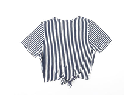 Miss Selfridge Women’s Blue Striped Cropped Tie T-Shirt Size 14