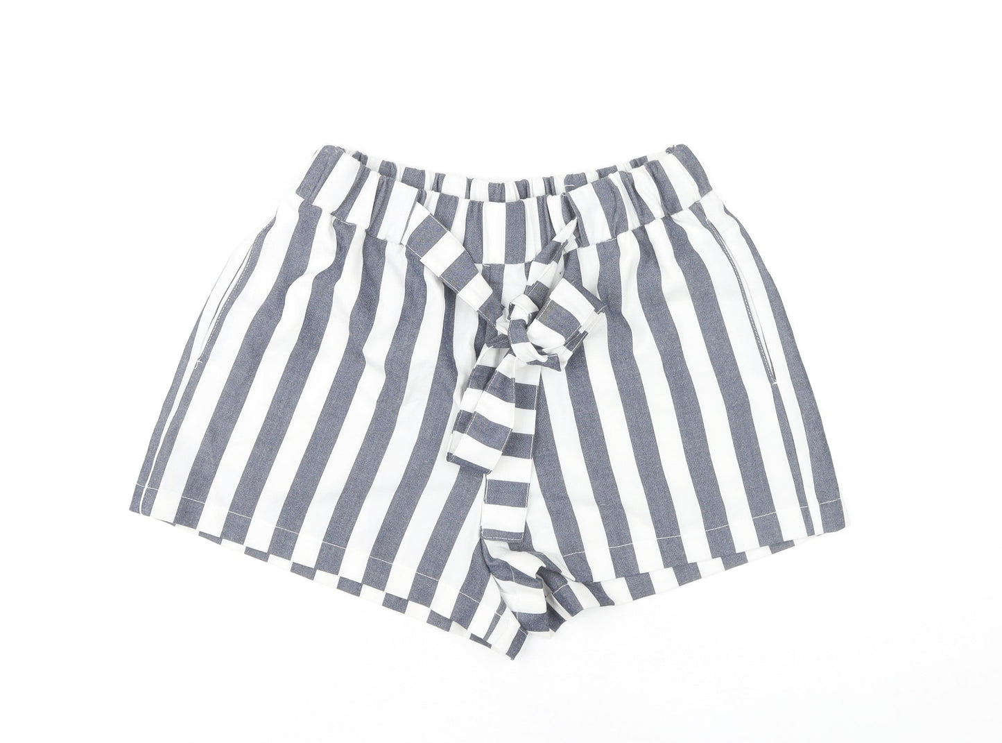 Pull&Bear Women Blue Striped Paperbag Shorts Size 14 High Waist