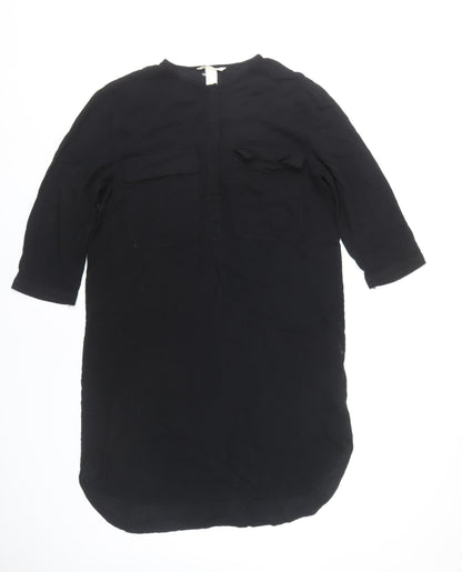H&M Womens Black Knee Length Shirt Dress UK 8 Viscose 3/4 Sleeve