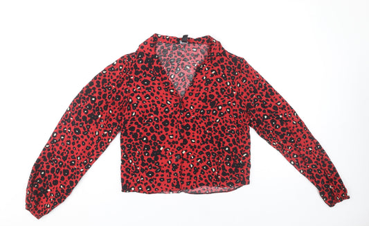 New Look Women’s Red Leopard Print V-Neck Long Sleeve Blouse Size 10