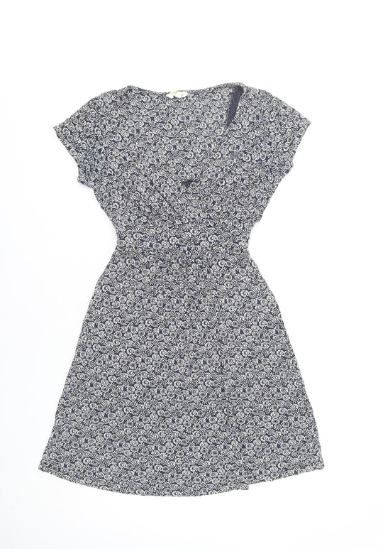 FatFace Women’s Blue Floral Wrap Dress UK 8 Knee Length Cap Sleeve