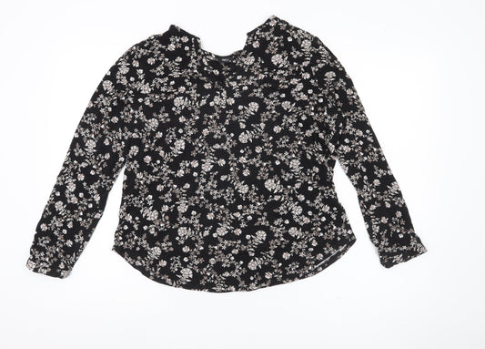 M&Co Women's Black Floral V-Neck Long Sleeve Blouse Size 16