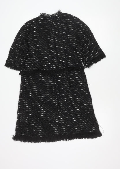 Zara Woman Black Tweed Shift Dress Women XS Fringe Knee Length