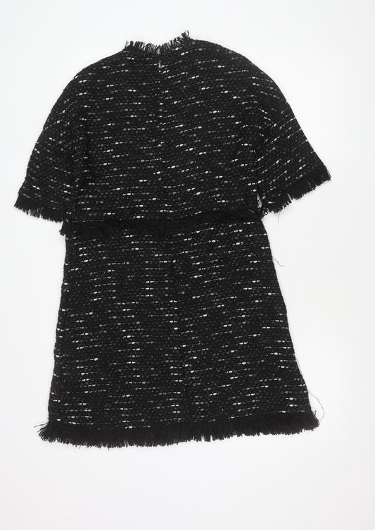 Zara Woman Black Tweed Shift Dress Women XS Fringe Knee Length