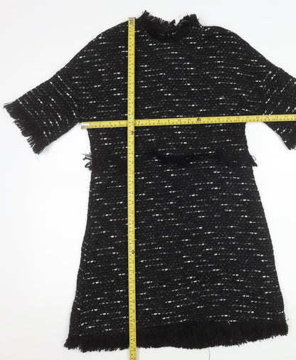 Zara Woman Black Tweed Shift Dress Women XS Fringe Knee Length