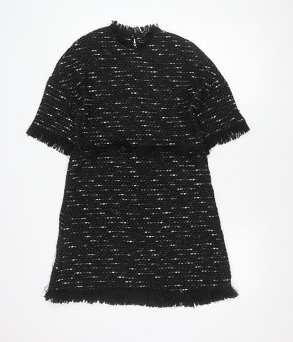 Zara Woman Black Tweed Shift Dress Women XS Fringe Knee Length