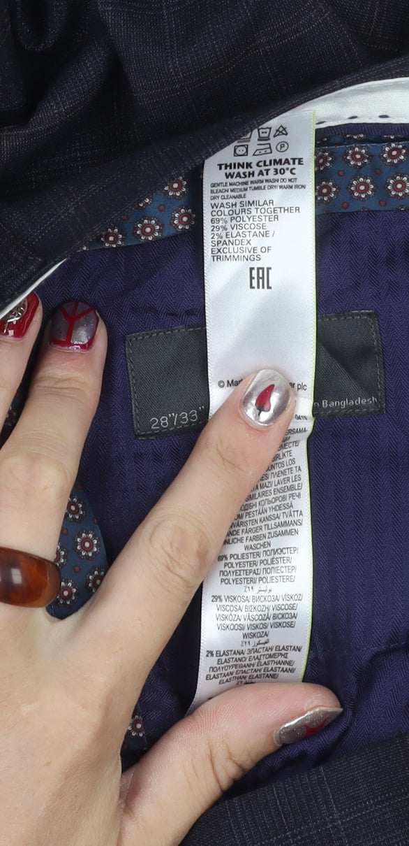 Marks and Spencer Men's Navy Check Slim Fit Trousers 28x33