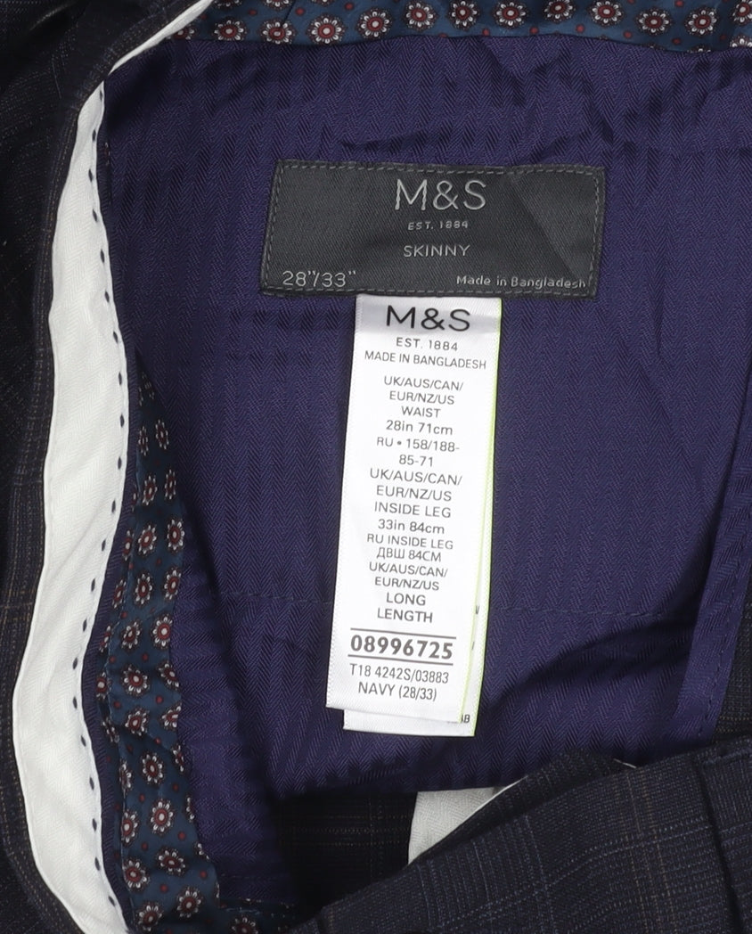 Marks and Spencer Men's Navy Check Slim Fit Trousers 28x33