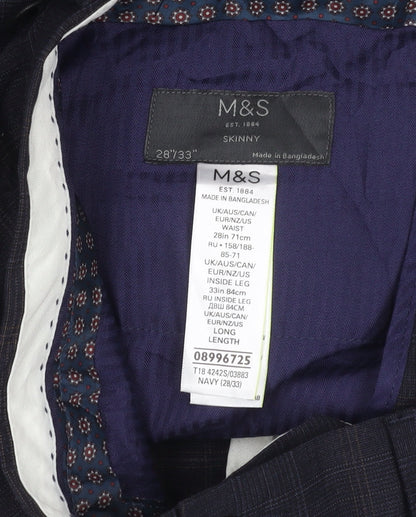 Marks and Spencer Men's Navy Check Slim Fit Trousers 28x33