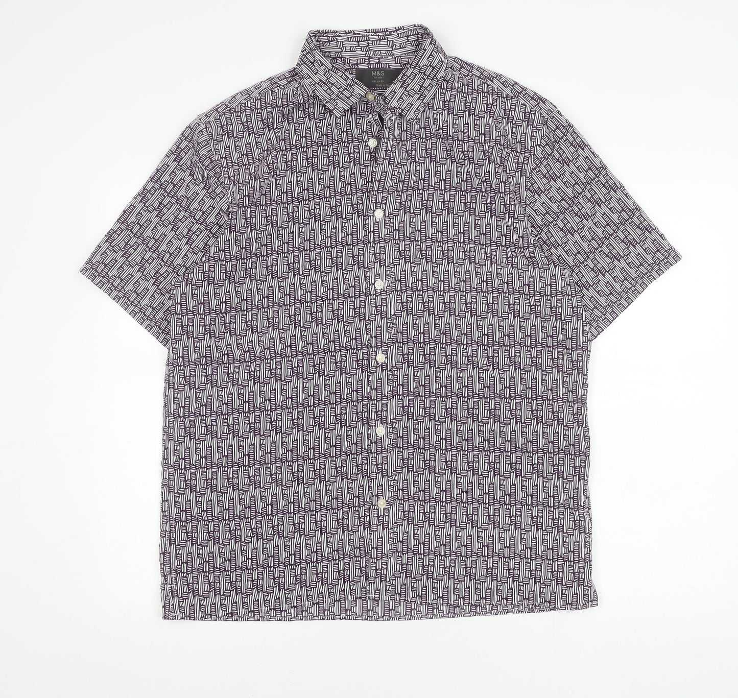 Marks and Spencer Men’s Purple Geometric Short Sleeve Cotton Shirt M