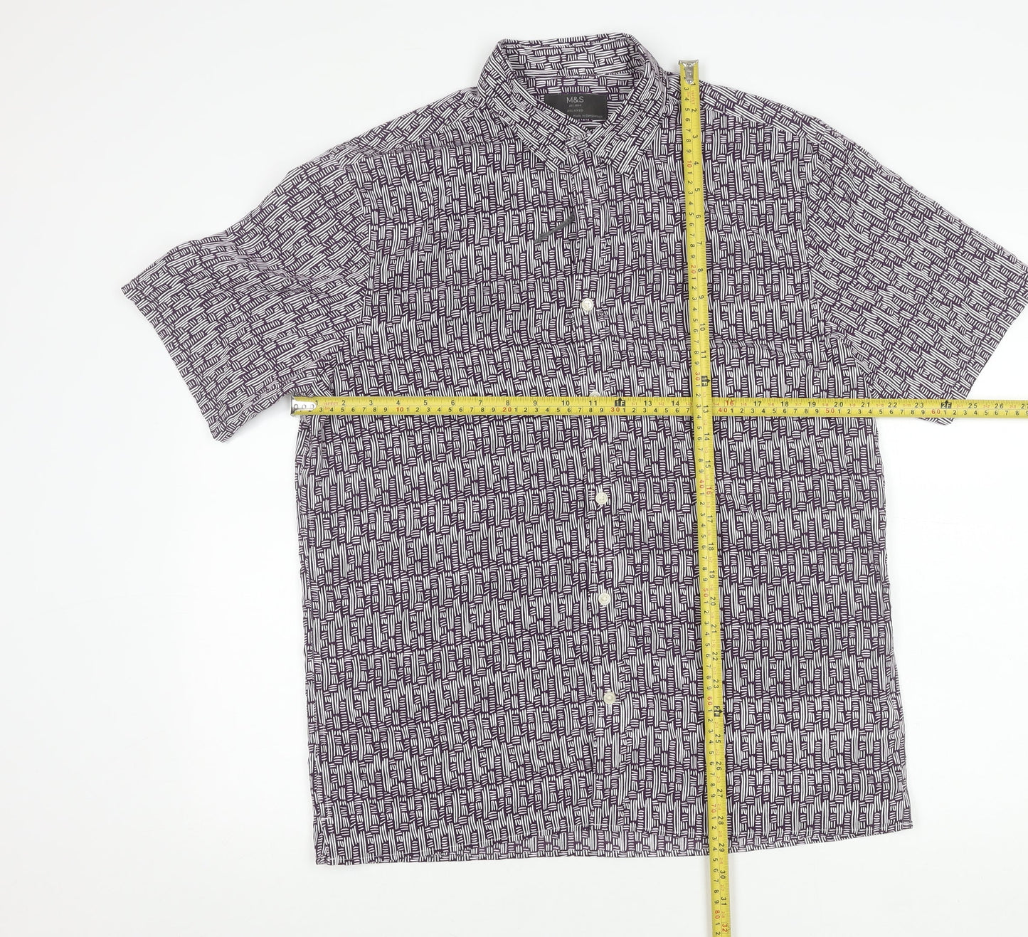 Marks and Spencer Men’s Purple Geometric Short Sleeve Cotton Shirt M