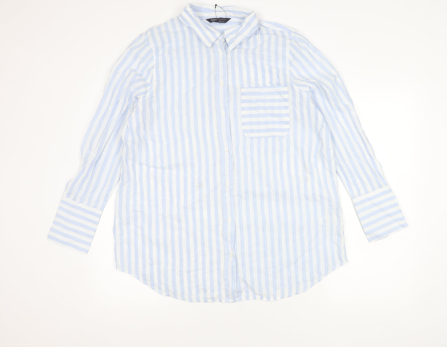 Marks and Spencer Unisex Adults Blue Striped Cotton Long Sleeve Shirt Size 16