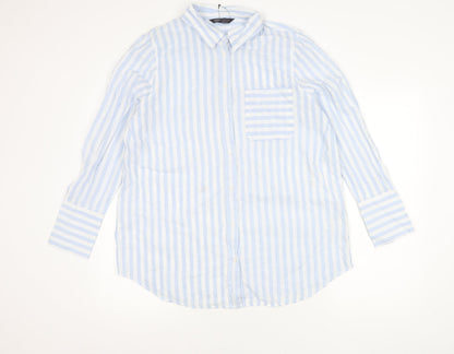 Marks and Spencer Unisex Adults Blue Striped Cotton Long Sleeve Shirt Size 16